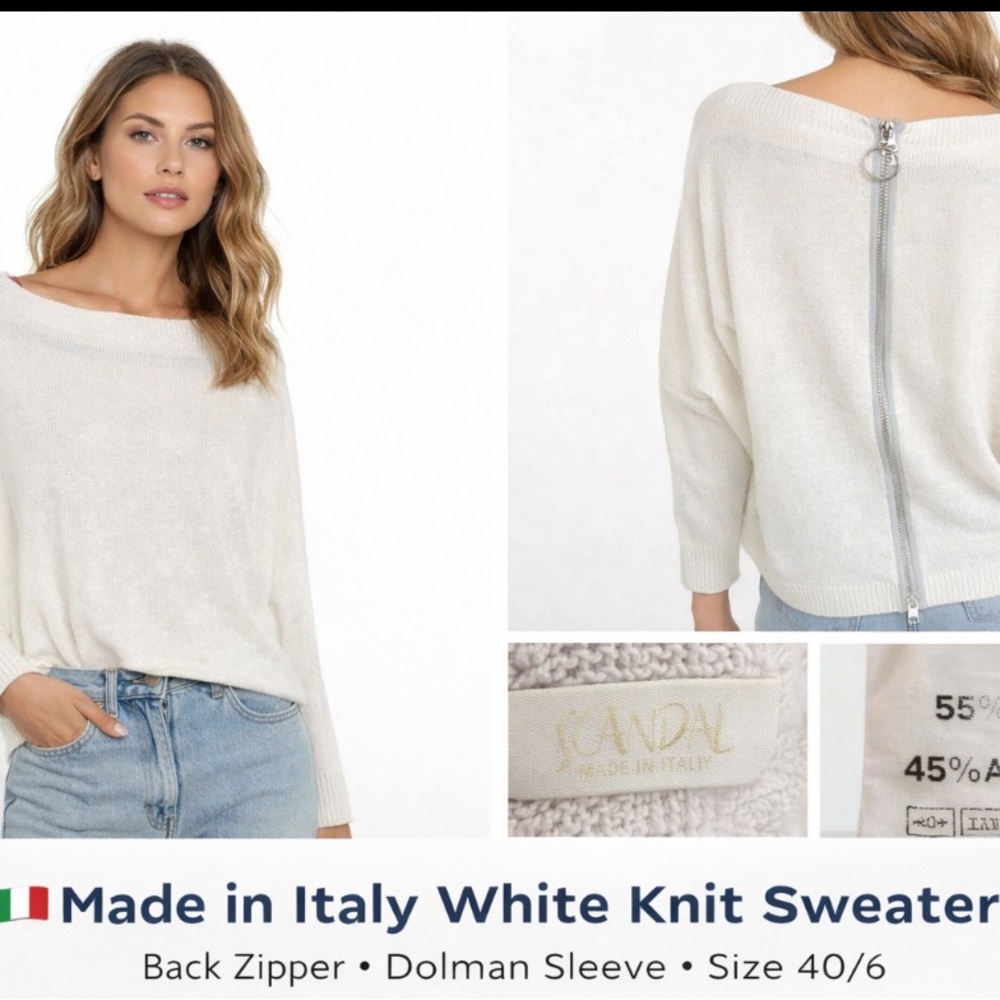 Scandal Italy White Knit Sweater Zip Back Dolman Sleeve Lightweight